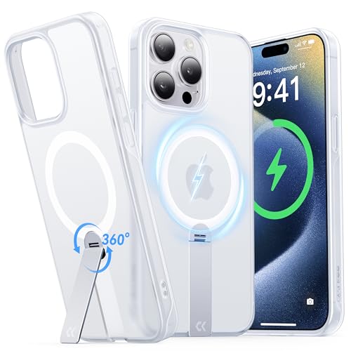 CASEKOO 2024 Neu für iPhone 15 Pro Max Hülle für MagSafe mit 360°Drehbarem Ständer [Top Militärschutz] Stoßfeste Griffige Matte Translucent Dünne Handyhülle - White Clear von CASEKOO