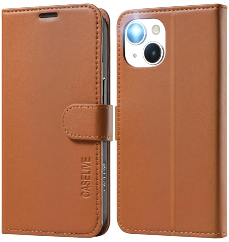 CASELIVE Handyhülle für iPhone 13/iPhone 14 - Premium PU Leder Case mit Kartenfächern Standfunktion, RFID Schutzhülle, Klapphülle Lederhülle Kompatibel für iPhone 13/14 6,1 Zoll(Braun) von CASELIVE