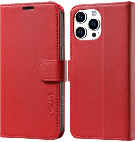 CASELIVE für iPhone 15 Pro Max Hülle, [Kartenfächer] [Echtleder] [Panzer Schutz Glas] [RFID Blocker] [Stoßfeste] Leder klapphülle Handyhülle für iPhone 15 Pro Max 6,7 Zoll(Rot) von CASELIVE