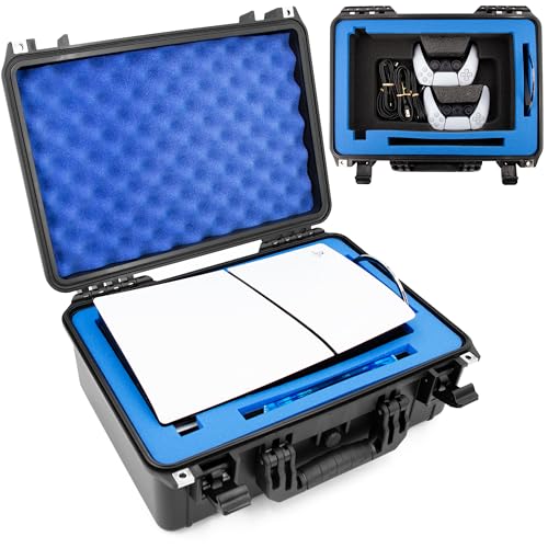 CASEMATIX Reiseetui kompatibel mit PS5 Slim & PlayStation 5 Slim Digital Edition – Hartschale, wasserdichte Hülle mit benutzerdefiniertem Schaumstoff für Konsole, Controller, Ständer, Kabel und Spiel von CASEMATIX