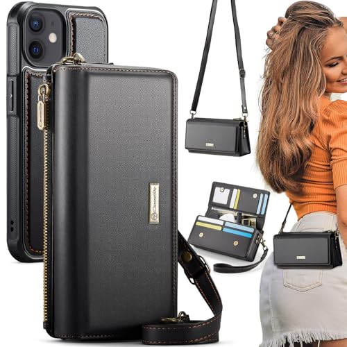 CASEME 2-in-1 abnehmbare Schutzhülle für iPhone 12 / Pro, mit RFID-blockierendem Kartenhalter für 10 Karten, PU-Leder, Handgelenkschlaufe, Reißverschluss, Geldbörse, Handyhülle für iPhone 12 und 12 von CASEME
