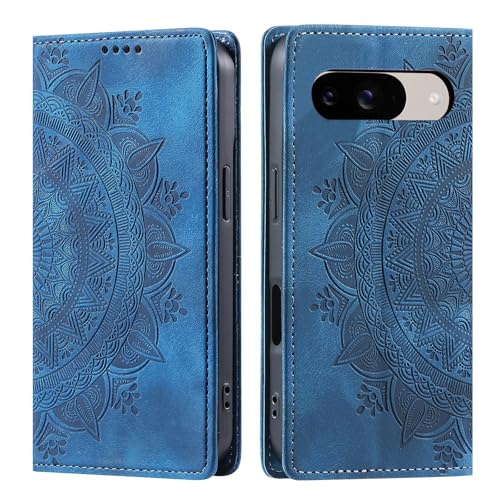 CASEONJAN Handyhülle für Google Pixel 9 / Pixel 9 Pro Hülle, PU Leder Klapphülle [Kartenfach], Flip Wallet Case Handytasche Prägung Schutzhülle für Google Pixel 9/9 Pro (Vintage Blau) von CASEONJAN