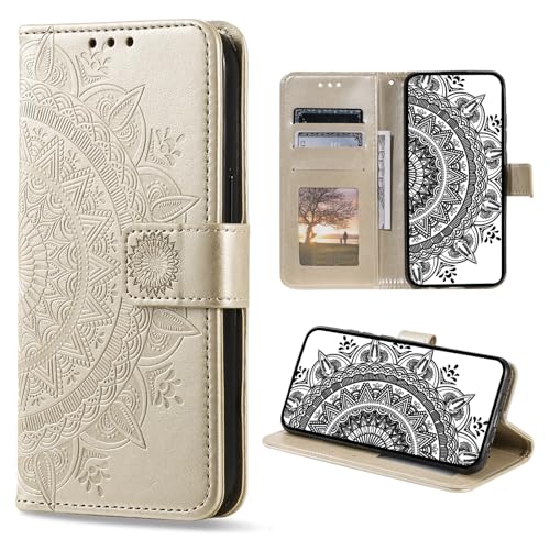 CASEONJAN Handyhülle für Samsung Galaxy S23 Ultra Hülle, PU Leder Klapphülle mit [Kartenfach] [Magnetverschluss], Flip Case Handytasche Prägung Schutzhülle für Samsung S23 Ultra (Gold) von CASEONJAN