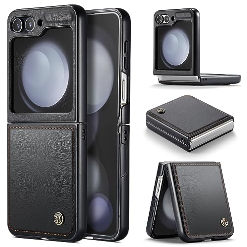 CASEONJAN Handyhülle für Samsung Galaxy Z Flip 5 Hülle, PU Leder Schutzhülle mit Kartenfach, Flip Case Wallet Stoßfeste Hülle für Samsung Z Flip 5 (Schwarz) von CASEONJAN