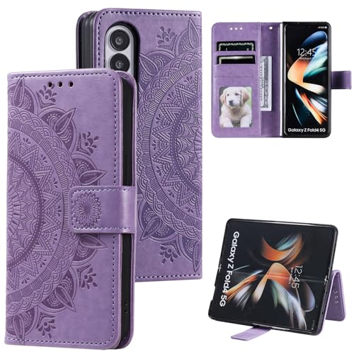 CASEONJAN Handyhülle für Samsung Galaxy Z Fold 4 Hülle, PU Leder Klapphülle mit [Kartenfach] [Magnetverschluss], Flip Case Handytasche Prägung Schutzhülle für Samsung Z Fold 4 (Violett) von CASEONJAN