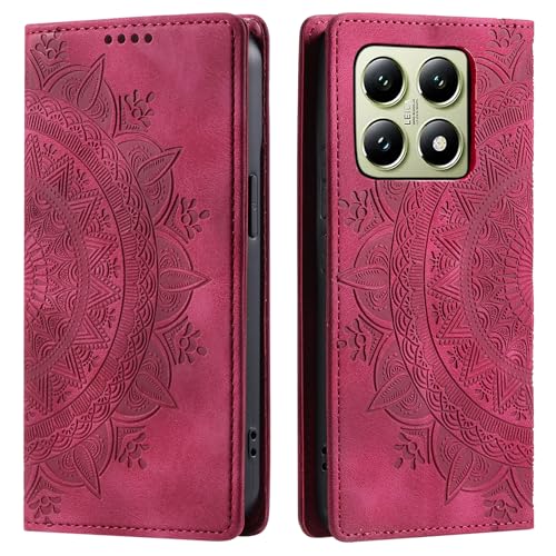 CASEONJAN Handyhülle für Xiaomi 14T Hülle, PU Leder Klapphülle [Kartenfach], Flip Wallet Case Handytasche Prägung Schutzhülle für Xiaomi 14T 5G (Magnet Rot) von CASEONJAN