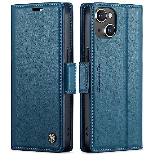 CASEONJAN Handyhülle für iPhone 14 / iPhone 13 Hülle, [RFID Schutz] PU Leder Schutzhülle mit Kartenfach, Flip Case Wallet Stoßfeste Hülle für iPhone 14 / iPhone 13 (Blau) von CASEONJAN