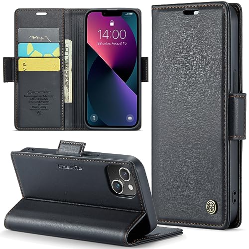 CASEONJAN Handyhülle für iPhone 14 / iPhone 13 Hülle, [RFID Schutz] PU Leder Schutzhülle mit Kartenfach, Flip Case Wallet Stoßfeste Hülle für iPhone 14 / iPhone 13 (Schwarz) von CASEONJAN