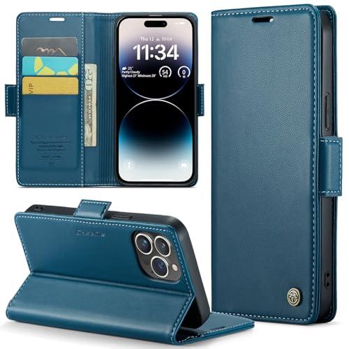 CASEONJAN Handyhülle für iPhone 14 Pro Max Hülle, [RFID Schutz] PU Leder Schutzhülle mit Kartenfach, Flip Case Wallet Stoßfeste Hülle für iPhone 14 Pro Max (Blau) von CASEONJAN