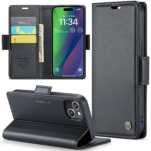 CASEONJAN Handyhülle für iPhone 15 Hülle, [RFID Schutz] PU Leder Schutzhülle mit Kartenfach, Flip Case Wallet Stoßfeste Hülle für iPhone 15 (Schwarz) von CASEONJAN