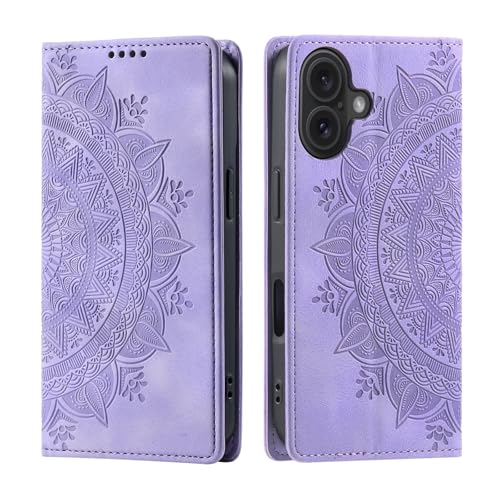 CASEONJAN Handyhülle für iPhone 16 Hülle, PU Leder Klapphülle [Kartenfach], Flip Wallet Case Handytasche Prägung Schutzhülle für iPhone 16 (Vintage Lila) von CASEONJAN