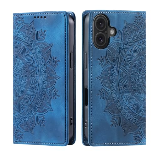 CASEONJAN Handyhülle für iPhone 16 Plus Hülle, PU Leder Klapphülle [Kartenfach], Flip Wallet Case Handytasche Prägung Schutzhülle für iPhone 16 Plus (Vintage Blau) von CASEONJAN
