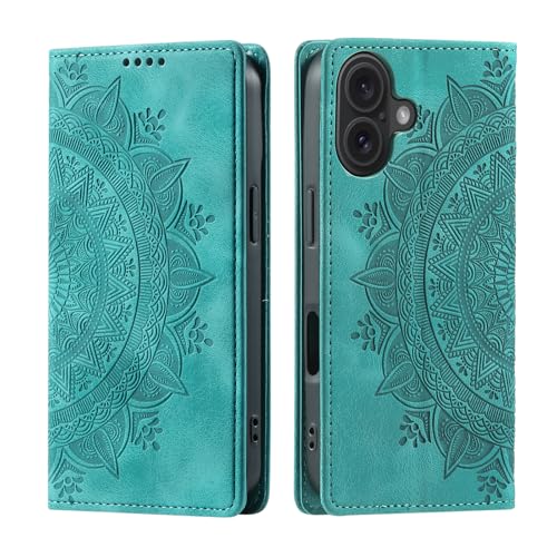 CASEONJAN Handyhülle für iPhone 16 Plus Hülle, PU Leder Klapphülle [Kartenfach], Flip Wallet Case Handytasche Prägung Schutzhülle für iPhone 16 Plus (Vintage Grün) von CASEONJAN
