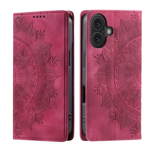 CASEONJAN Handyhülle für iPhone 16 Plus Hülle, PU Leder Klapphülle [Kartenfach], Flip Wallet Case Handytasche Prägung Schutzhülle für iPhone 16 Plus (Vintage Rot) von CASEONJAN
