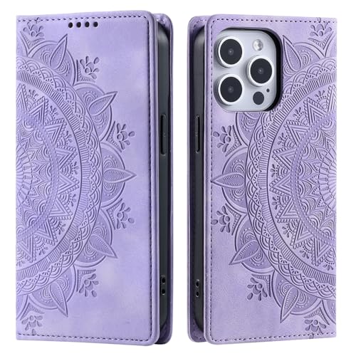 CASEONJAN Handyhülle für iPhone 16 Pro Hülle, PU Leder Klapphülle [Kartenfach], Flip Wallet Case Handytasche Prägung Schutzhülle für iPhone 16 Pro (Vintage Lila) von CASEONJAN