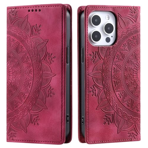 CASEONJAN Handyhülle für iPhone 16 Pro Hülle, PU Leder Klapphülle [Kartenfach], Flip Wallet Case Handytasche Prägung Schutzhülle für iPhone 16 Pro (Vintage Rot) von CASEONJAN