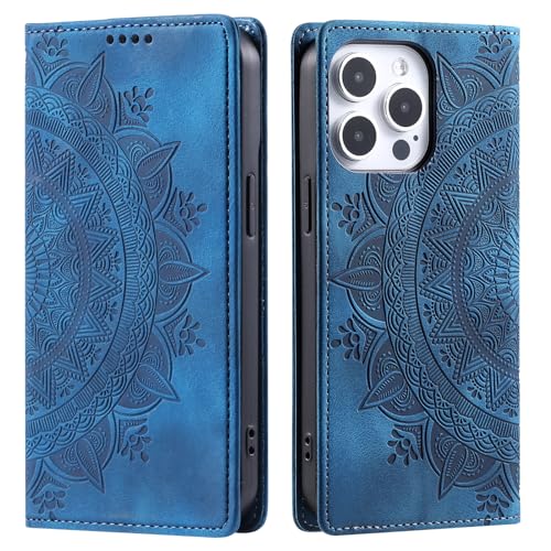 CASEONJAN Handyhülle für iPhone 16 Pro Max Hülle, PU Leder Klapphülle [Kartenfach], Flip Wallet Case Handytasche Prägung Schutzhülle für iPhone 16 Pro Max (Vintage Blau) von CASEONJAN