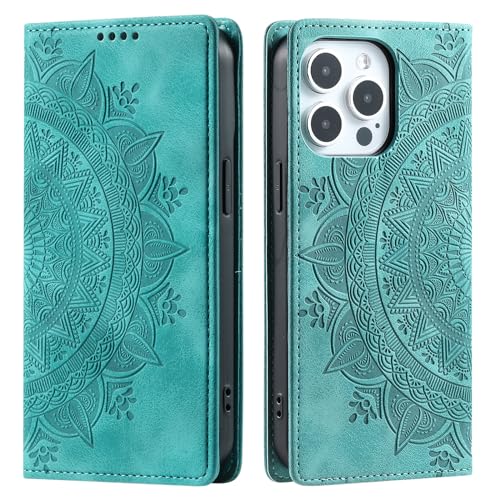 CASEONJAN Handyhülle für iPhone 16 Pro Max Hülle, PU Leder Klapphülle [Kartenfach], Flip Wallet Case Handytasche Prägung Schutzhülle für iPhone 16 Pro Max (Vintage Grün) von CASEONJAN