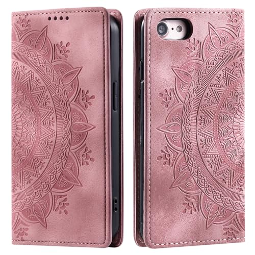 CASEONJAN Handyhülle für iPhone 16e Hülle, PU Leder Klapphülle [Kartenfach], Flip Wallet Case Handytasche Prägung Schutzhülle für iPhone 16e (Magnet Rosa) von CASEONJAN