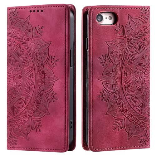 CASEONJAN Handyhülle für iPhone 16e Hülle, PU Leder Klapphülle [Kartenfach], Flip Wallet Case Handytasche Prägung Schutzhülle für iPhone 16e (Magnet Rot) von CASEONJAN