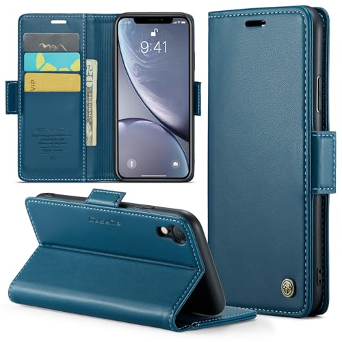 CASEONJAN Handyhülle für iPhone XR Hülle, [RFID Schutz] PU Leder Schutzhülle mit Kartenfach, Flip Case Wallet Stoßfeste Hülle für iPhone XR (Blau) von CASEONJAN