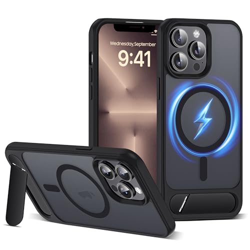 CASEROOKIE Kompatibel mit iPhone 13 Pro Hülle [Kompatibel mit Mag-Safe] [Verstellbarer Ständer] [Fallschutz in Militärqualität], durchscheinende Handyhülle für iPhone 13 Pro, Schwarz von CASEROOKIE