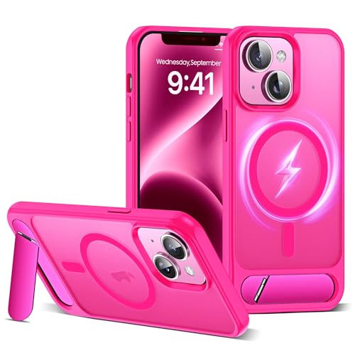 CASEROOKIE Kompatibel mit iPhone 14 Plus Hülle [Kompatibel mit Mag-Safe], verstellbarer Ständer, Fallschutz in Militärqualität, durchscheinende Handyhülle für iPhone 14 Plus, Hot Pink von CASEROOKIE