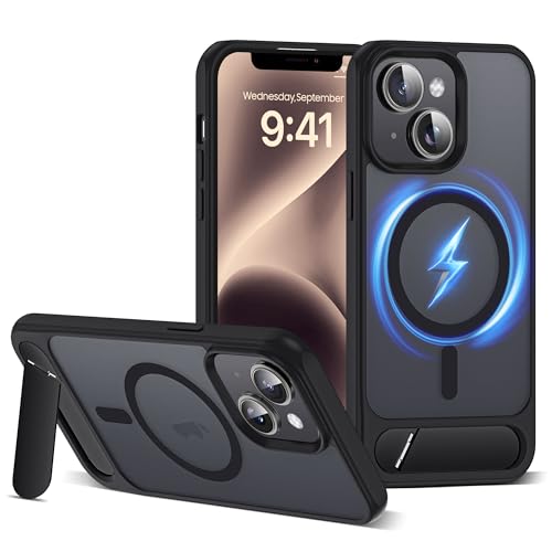 CASEROOKIE Kompatibel mit iPhone 14 Plus Hülle [Kompatibel mit Mag-Safe] [Verstellbarer Ständer] [Fallschutz in Militärqualität], durchscheinende Handyhülle für iPhone 14 Plus, Schwarz von CASEROOKIE