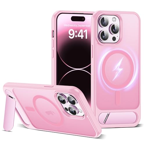 CASEROOKIE Kompatibel mit iPhone 14 Pro Hülle [Kompatibel mit Mag-Safe] [Verstellbarer Ständer] [Fallschutz in Militärqualität], durchscheinende Handyhülle für iPhone 14 Pro, Rosa von CASEROOKIE