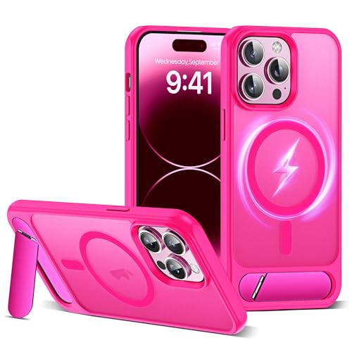 CASEROOKIE Kompatibel mit iPhone 14 Pro Max Hülle, kompatibel mit Mag-Safe, verstellbarer Ständer, Fallschutz in Militärqualität, durchscheinende Handyhülle für iPhone 14 Pro Max, Hot Pink von CASEROOKIE