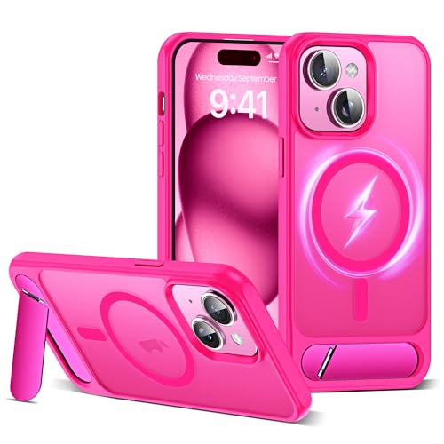 CASEROOKIE Kompatibel mit iPhone 15 Plus Hülle [Kompatibel mit Mag-Safe], verstellbarer Ständer, Fallschutz in Militärqualität, durchscheinende Handyhülle für iPhone 15 Plus, Hot Pink von CASEROOKIE