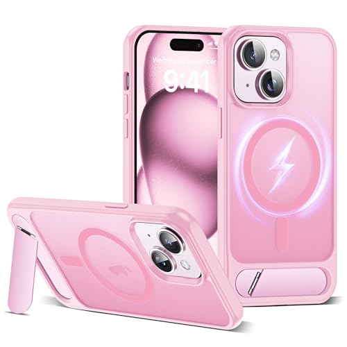 CASEROOKIE Kompatibel mit iPhone 15 Plus Hülle [Kompatibel mit Mag-Safe], verstellbarer Ständer, Fallschutz in Militärqualität, durchscheinende Handyhülle für iPhone 15 Plus, Rosa von CASEROOKIE