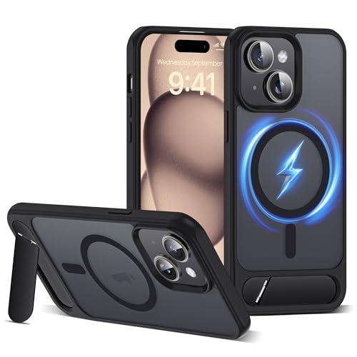 CASEROOKIE Kompatibel mit iPhone 15 Plus Hülle [Kompatibel mit Mag-Safe] [Verstellbarer Ständer] [Fallschutz in Militärqualität], durchscheinende Handyhülle für iPhone 15 Plus, Schwarz von CASEROOKIE