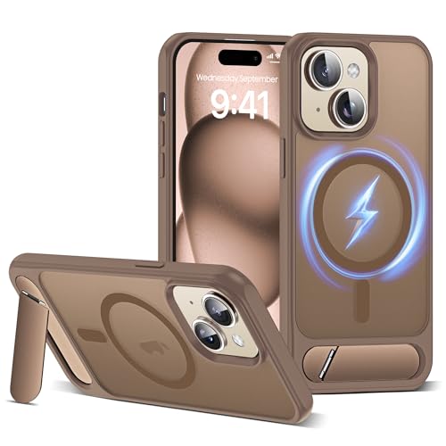 CASEROOKIE Kompatibel mit iPhone 15 Plus Hülle [Kompatibel mit Mag-Safe] [Verstellbarer Ständer] [Fallschutz in Militärqualität], durchscheinende Handyhülle für iPhone 15 Plus, Wüstengold von CASEROOKIE