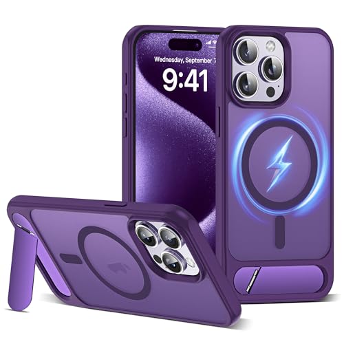 CASEROOKIE Kompatibel mit iPhone 15 Pro Hülle [Kompatibel mit Mag-Safe] [Verstellbarer Ständer] [Fallschutz in Militärqualität], durchscheinende Handyhülle für iPhone 15 Pro, Lila von CASEROOKIE