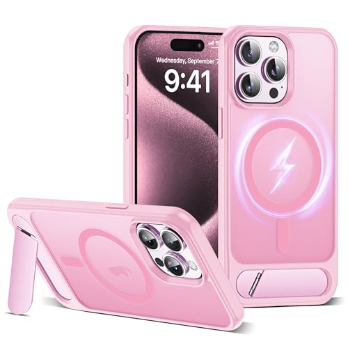 CASEROOKIE Kompatibel mit iPhone 15 Pro Hülle [Kompatibel mit Mag-Safe] [Verstellbarer Ständer] [Fallschutz in Militärqualität], durchscheinende Handyhülle für iPhone 15 Pro, Rosa von CASEROOKIE