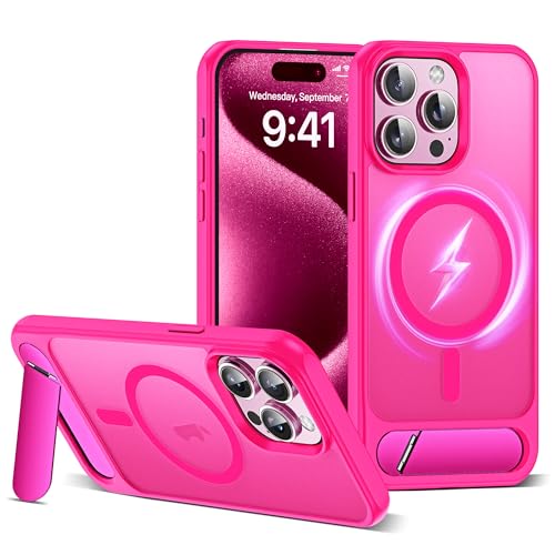 CASEROOKIE Kompatibel mit iPhone 15 Pro Max Hülle, kompatibel mit Mag-Safe, verstellbarer Ständer, Fallschutz in Militärqualität, durchscheinende Handyhülle für iPhone 15 Pro Max, Hot Pink von CASEROOKIE