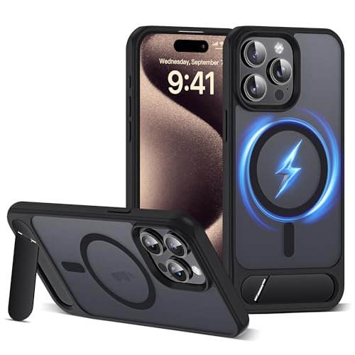 CASEROOKIE Kompatibel mit iPhone 15 Pro Max Hülle [Kompatibel mit Mag-Safe] [Verstellbarer Ständer] [Fallschutz in Militärqualität], durchscheinende Handyhülle für iPhone 15 Pro Max, Schwarz von CASEROOKIE