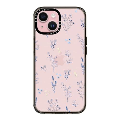 CASETiFY Kompakte Schutzhülle für iPhone 15 [2 x Falltest in Militärqualität/1,2 m Fallschutz] – kleine blaue Blumen – Transparentes Schwarz von CASETiFY