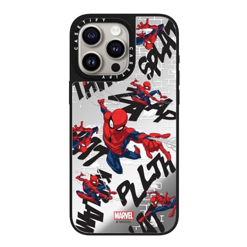 CASETiFY Spiegel iPhone 15 Pro Max Hülle [Spider-Man Co-Lab / 1,5m Fallschutz/Kompatibel mit Magsafe] - Spider-Man Muster - Silber auf Schwarz von CASETiFY