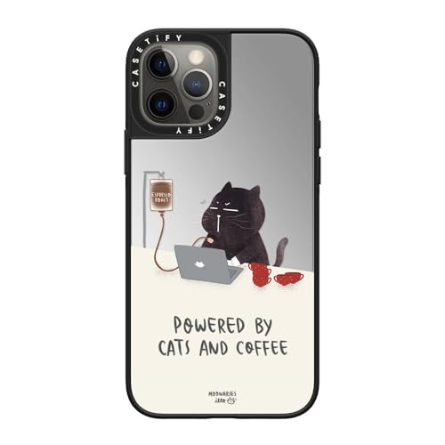 CASETiFY Verspiegelte iPhone 12 Pro Hülle [Reflektierend/1,5 m Fallschutz/Kompatibel mit Magsafe] – Angetrieben von Katzen und Kaffee – Silber auf Schwarz von CASETiFY
