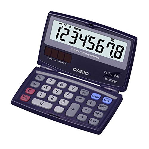 CASIO Taschenrechner SL-100VER, 8-stellig, Währungsumrechnung, Tausenderunterteilung, klappbar, Solar-/Batteriebetrieb von CASIO