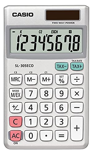 CASIO Taschenrechner SL-305ECO, 8-stellig, umweltfreundlich, Steuerberechnung, Aluminiumfront, Solar-/Batteriebetrieb von CASIO