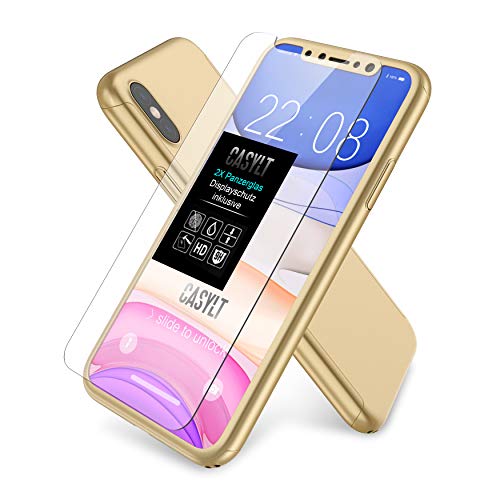 CASYLT iPhone X & iPhone XS Hülle [inkl. 2X Panzerglas] 360 Grad Fullbody Premium Handy-Hülle Gold kompatibel für iPhone X/XS Komplettschutz Hülle von CASYLT