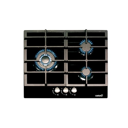 Glas-Gaskochfeld LCIB 6021 BK. 3 Brenner. 1 Dreifach-Krone. Elektronische Zündung. Sicherheitsventile. Grillrost aus Gusseisen. Geeignet für Butangas und Erdgas. Breite 59cm, Gesamtleistung 6,25kW. von CATA