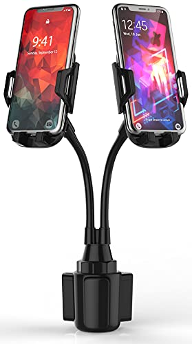 CAVIANA Dual Phone Holder for Car Cup Holder - Long Flexible Neck, 360° Drehbare Auto Phone Mount - Verstellbarer Handy Getränkehalter, Universalgröße passt 2 iPhone, Samsung, GPS und mehr (Cradle) von CAVIANA