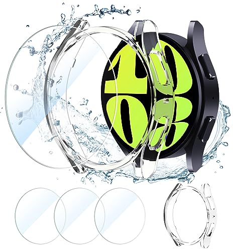 CAVN [3+1 Stück Schutzfolie Kompatibel mit Samsung Galaxy Watch 6 44mm, Wasserdichtes Glas Schutz +PC Schutzhülle Displayschutz Gehäuse Panzerfolie Kompatibel mit Galaxy Watch 6 44mm von CAVN