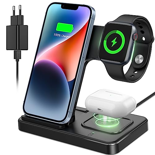 CAVN 3 in 1 Kabelloses Ladegerät, Wireless Charger Kompatibel mit iPhone 15 14 13 12 11 Pro Max/XS/X/8+, iWatch Ultra /9/8/ 7/6/SE/5/4/3/2,AirPods Pro/2/3,Galaxy S22 S21/S20/S10+,Induktive Ladestation von CAVN