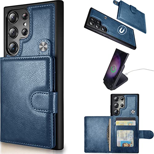 CAVOKAS Handyhülle für Samsung Galaxy S23 Ultra Hülle mit Kartenfächern, 6,8 Zoll, Magnetische Abnehmbare Rückseite Case Leder Kartenfach, Unterstützung für kabelloses Laden, RFID-Blockierung, Blau von CAVOKAS