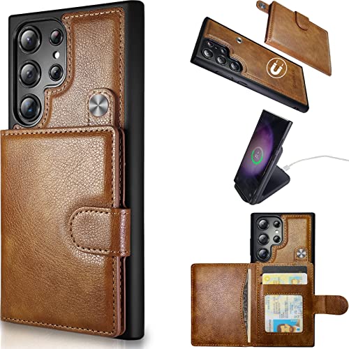 CAVOKAS Handyhülle für Samsung Galaxy S23 Ultra Hülle mit Kartenfächern, 6,8 Zoll, Magnetische Abnehmbare Rückseite Case Leder Kartenfach, Unterstützung für kabelloses Laden, RFID-Blockierung, Braun von CAVOKAS